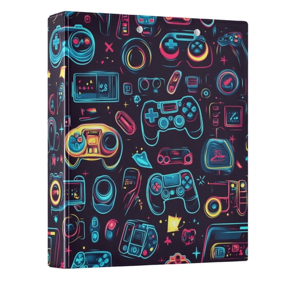 Neon Game Controllers Hardcover 3 Ring Binder 1.5” Round Rings Letter Size Paper Pockets for School Office Supplies