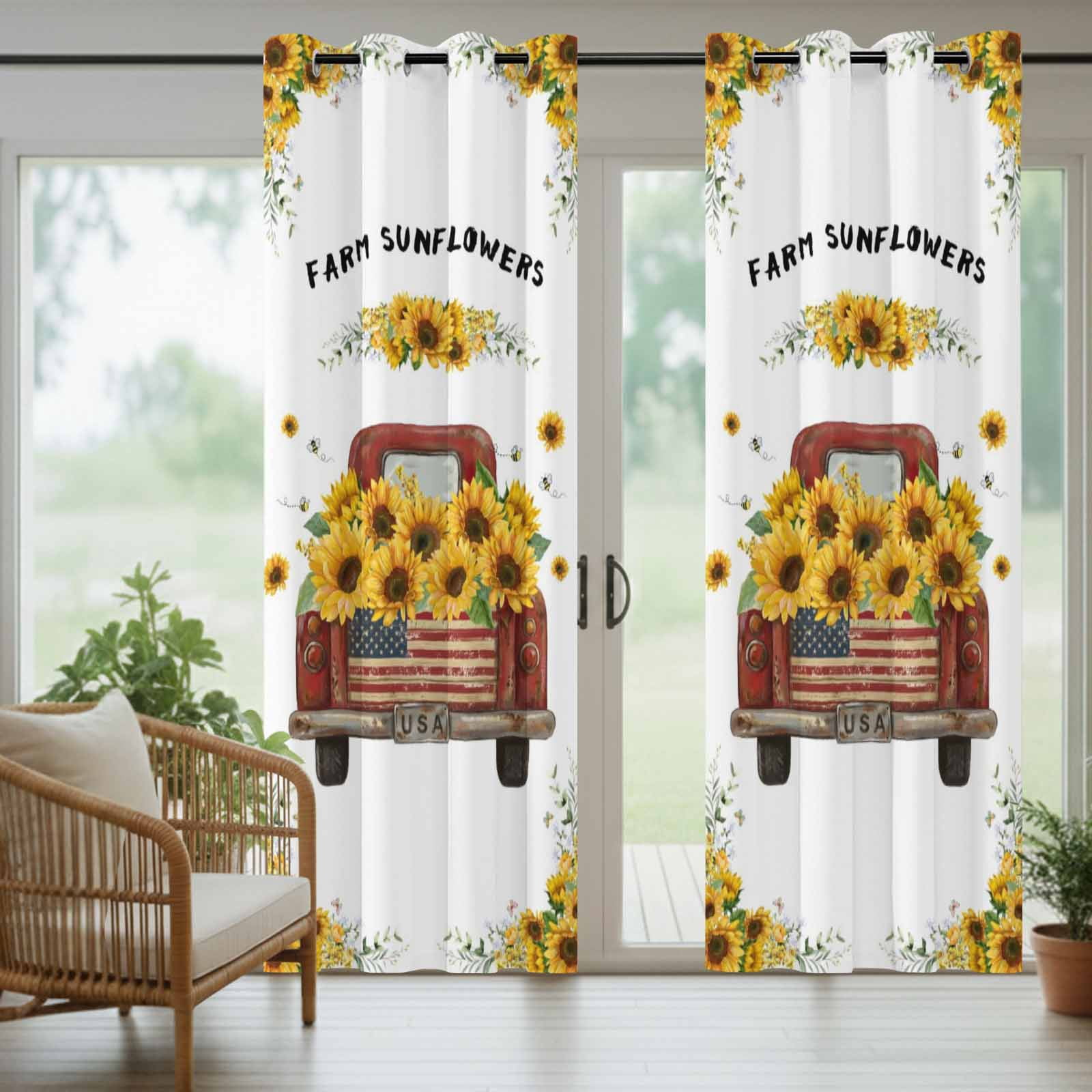 Outdoor Curtains for Patio Waterproof, Sunflower Truck Outdoor Privacy Panels Grommet, Yellow Flowers Summer Botanical Watercolor Blackout Outside Curtains for Porch/Cabana 54"x84", 1 Panel