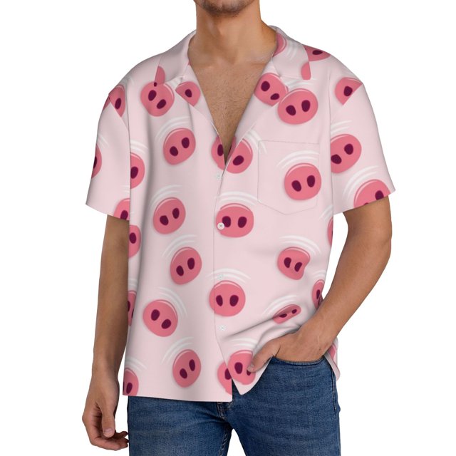 Fotbe Cute Pig Nose Camisa Estampada de Manga Corta para Hombre, Casual de Verano, Estilo Playero, Sin Arrugas-Small