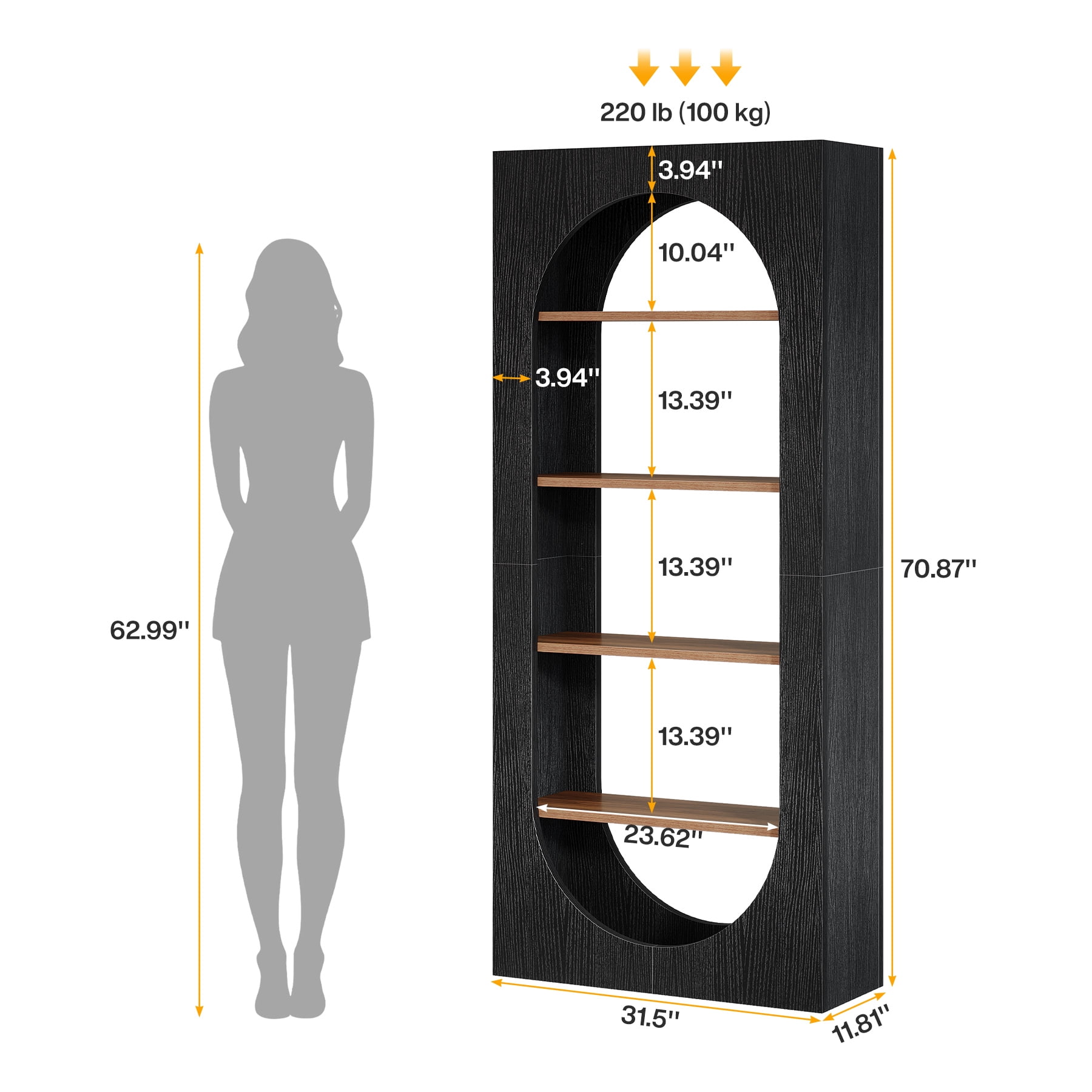 Tribesigns 70.87" Tall Black Arched Bookshelf, 5-Tier Arch Bookcase with Storage