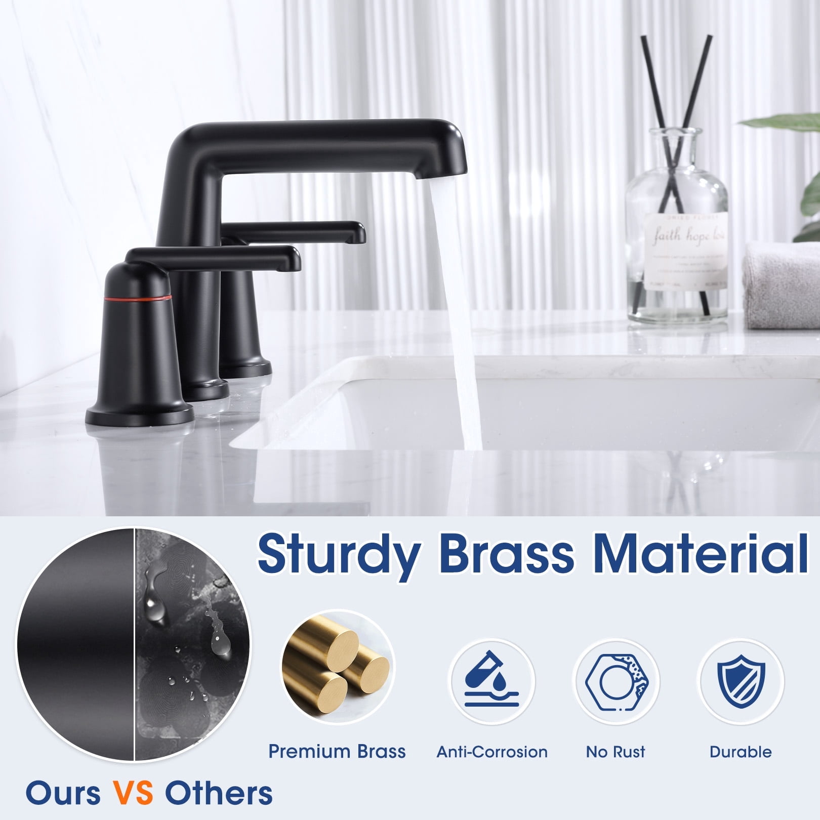 Wowkk 3 Hole Bathroom Faucet 2 Handle Widespread Bathroom Sink Faucet with Pop up Drain and Supply Lines, Brass Vanity Faucet for Rv Farmhouse Lavatory Restroom Sink, Matte Black