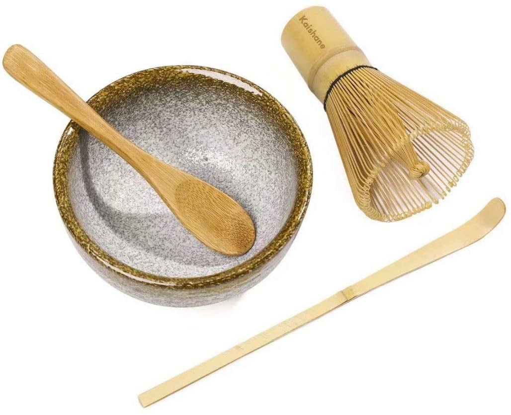 KAISHANE Japanese Matcha Whisk Set Matcha Tea Ceremony Set of 4 Including  100 Prong Matcha Whisk, Traditional Scoop, Tea Spoon and Ceramic Matcha