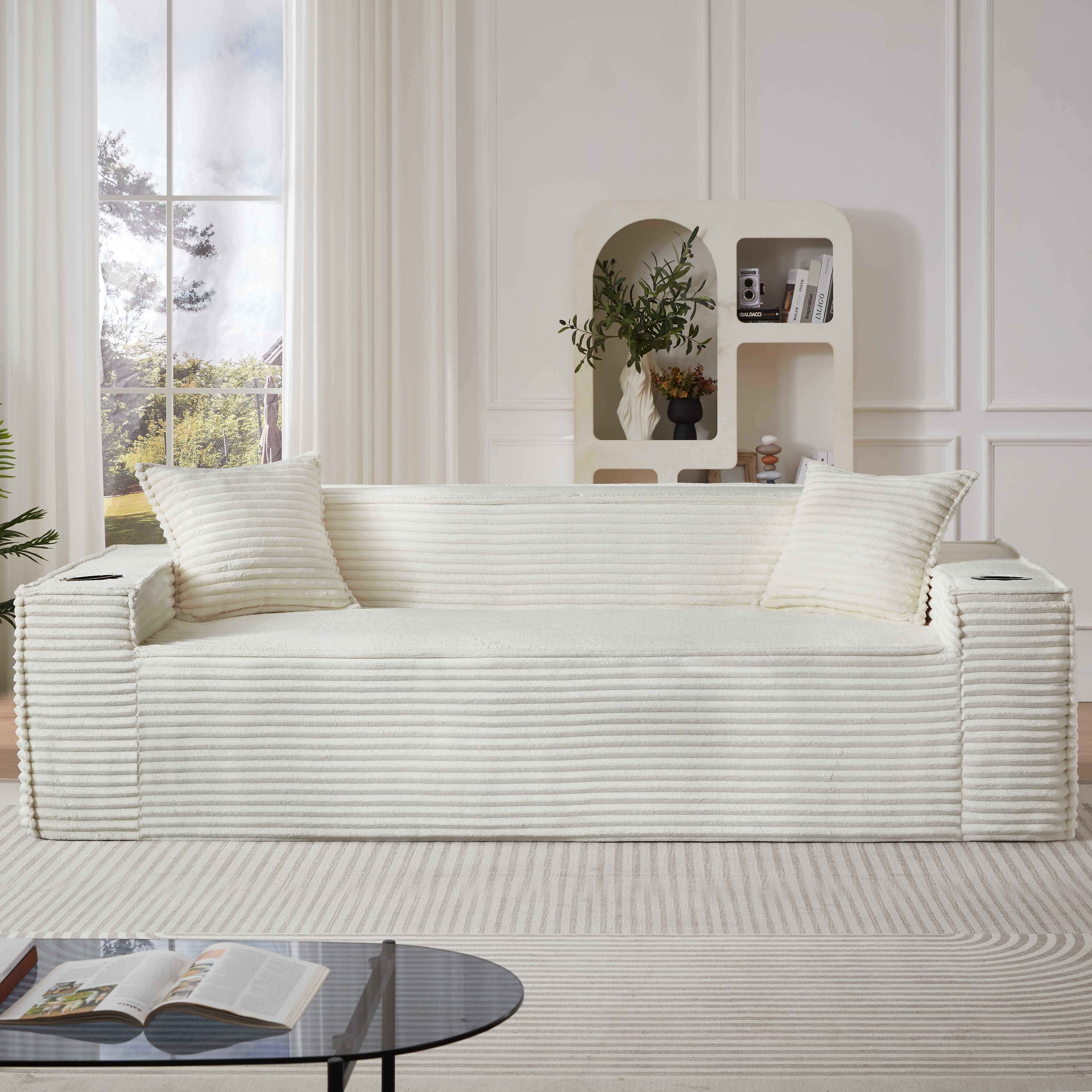 FFH 80.7" Corduroy Sofa, 3 Seater Boneless Cloud Couch for Small Living Rooms, Apartments and Offices, White
