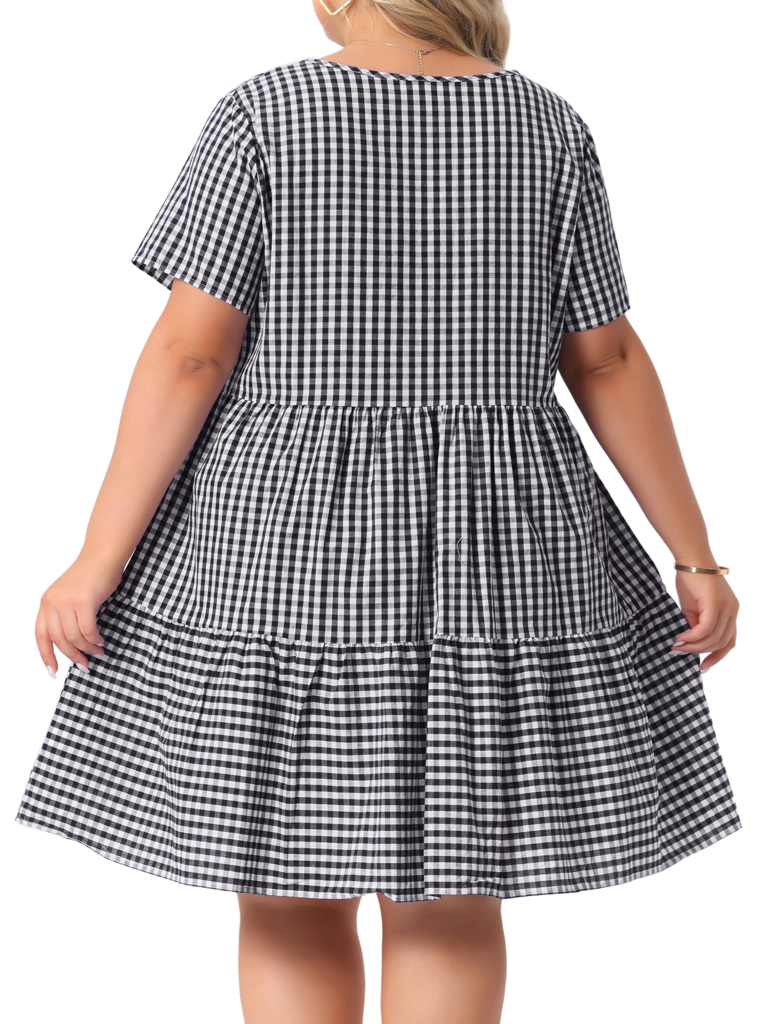 DARING DIVA Women's Plus Size Plaid Round Neck Short Sleeve Midi Dress 4X Black