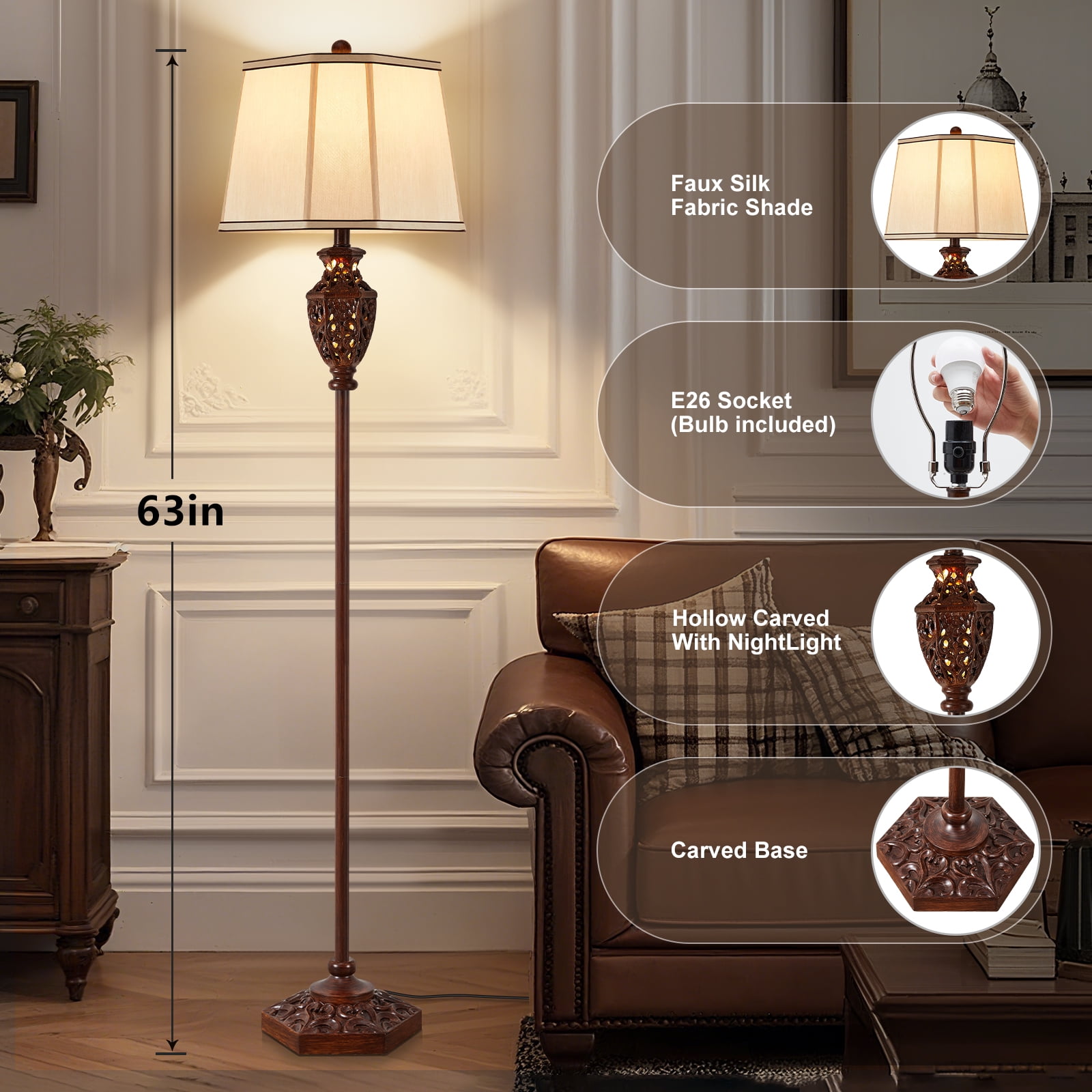 NATYSWAN Vintage Floor Lamp for Living Room,63in Resin Brown Standing Lamp with 6-Sided Carved Hollow Light Design,Mid-Century Tall Lamps for Bedroom, Study