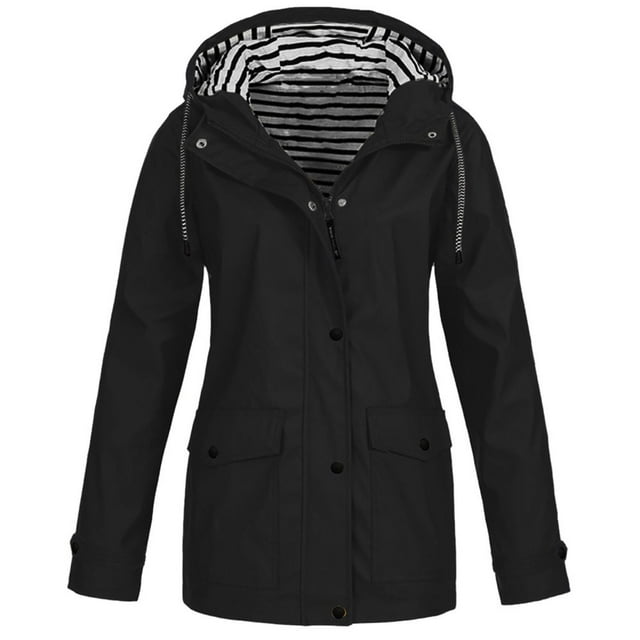Lyinloo Veste de Pluie Femme Grande Taille Imperméable à Capuche Coupe-Vent Noir TG
