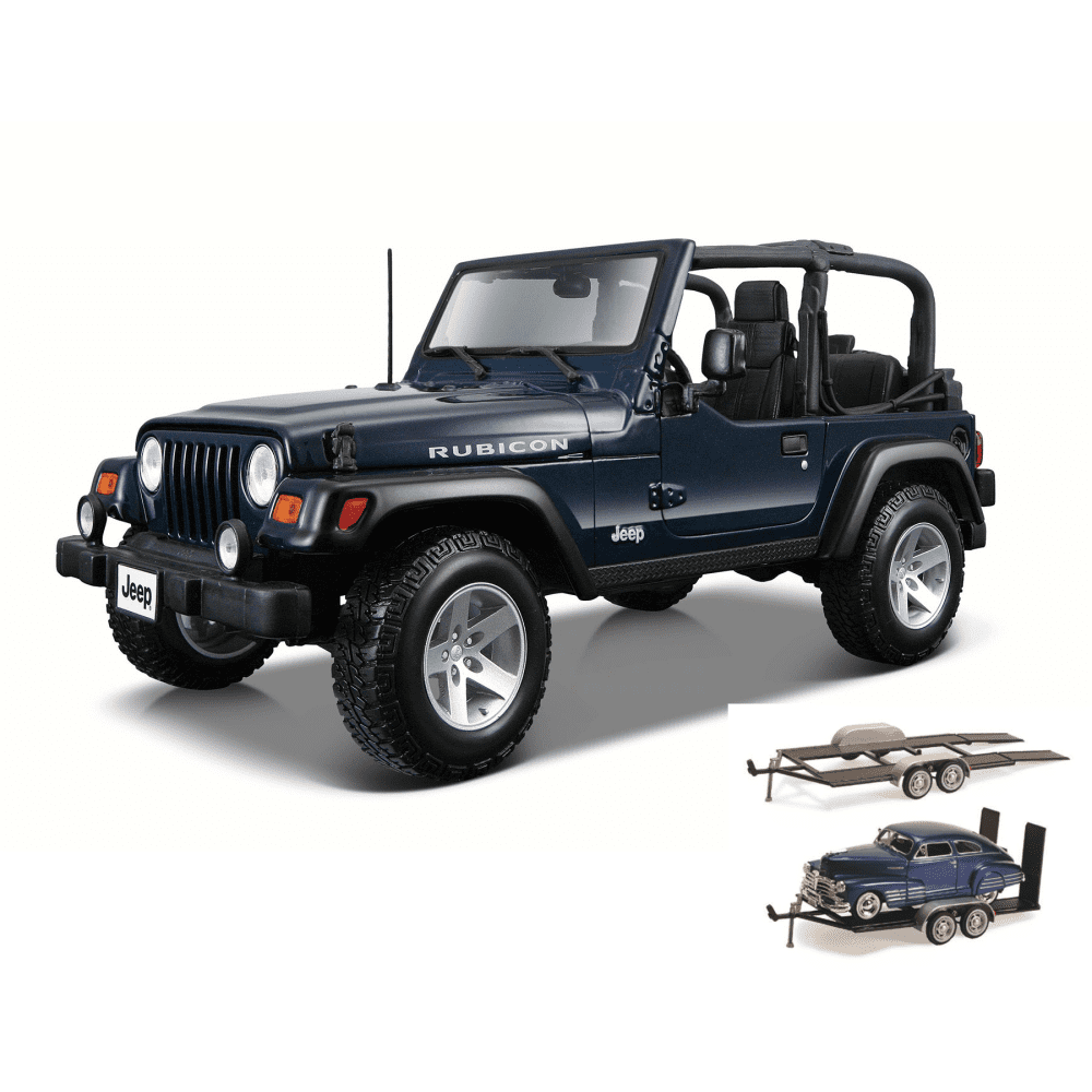 Diecast Car & Trailer Package - Jeep Wrangler Rubicon Convertible, Blue - Maisto 31245 - 1/27