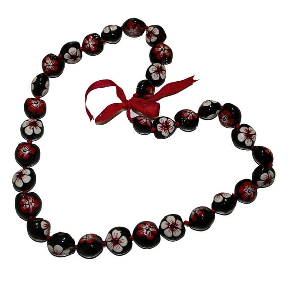 Hawaii Black Kukui Nut Leis with Red Flower Necklace 34 Inches