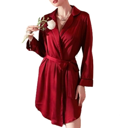 Wyongtao Women s Satin Robe Valentines Lingerie for Women Kimono Bathrobe Short Ruffle Belted Robes Bridesmaids Sleepwear Wine L