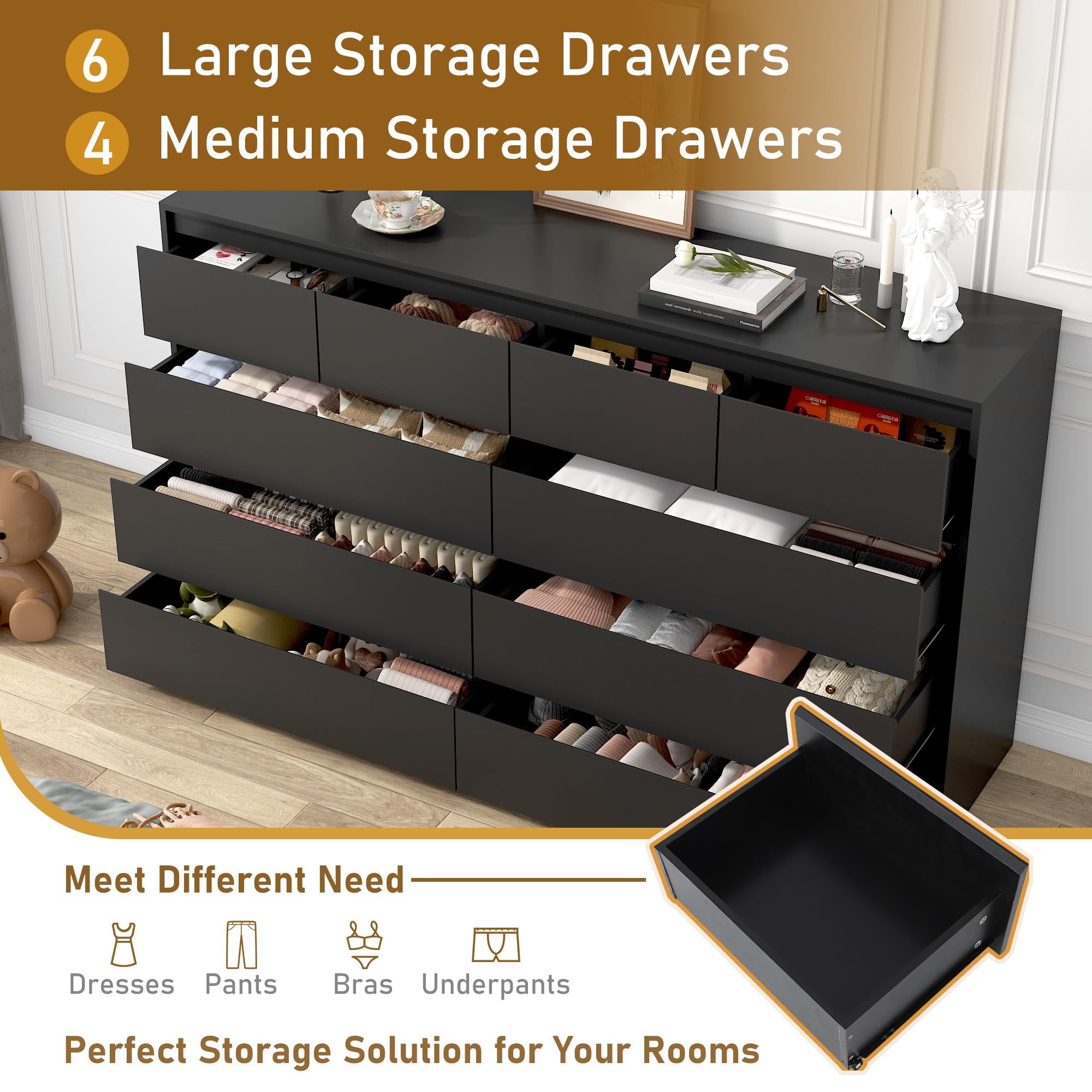 ChVans Black Malm 10 Drawers Dresser for Bedroom, 55" Wide 37" Tall Dresser with 10 Drawers, Modern Large Wood Chest of Drawer Handle Free, Living Room, Entryway, Hallway, Black