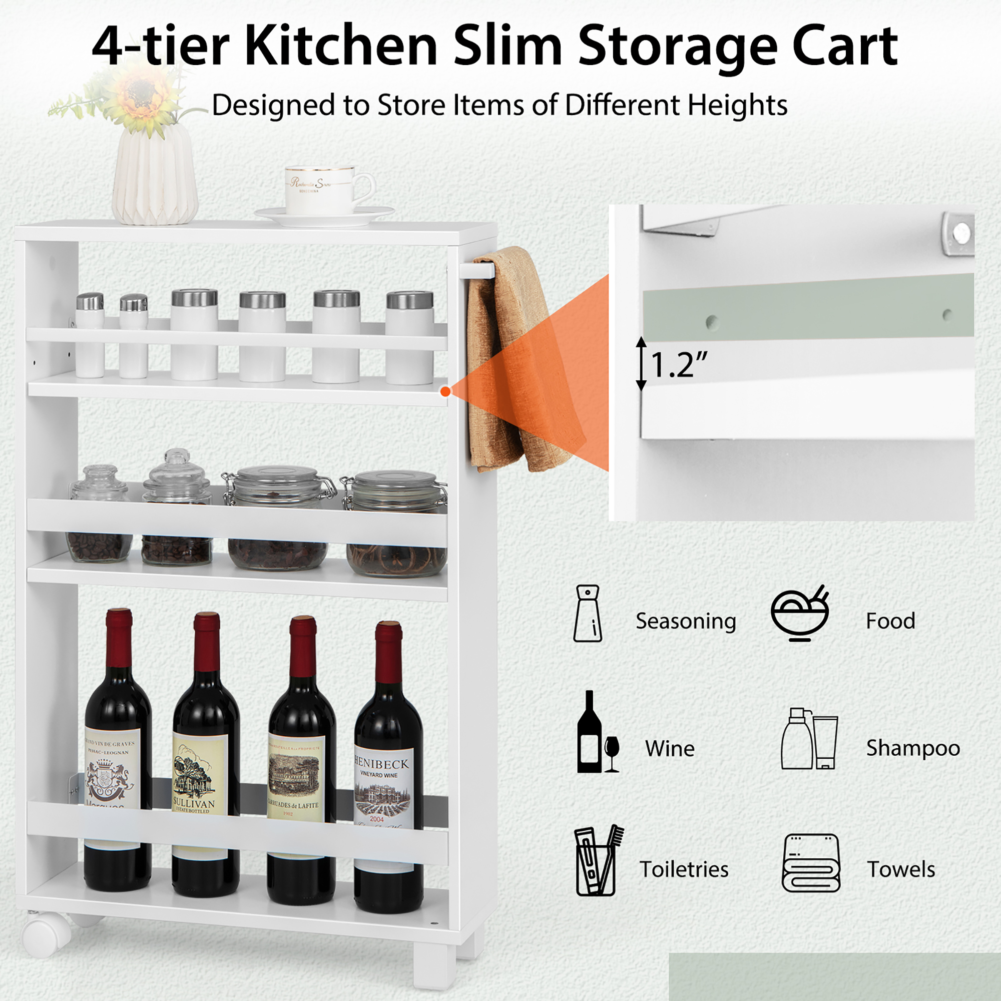 Costway Rolling Kitchen White Slim Storage Cart Mobile Shelving