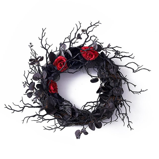 Guirnalda de puerta, decoraciones de fiesta, corona negra de Halloween, decoración de guirnalda de pared para puerta delantera