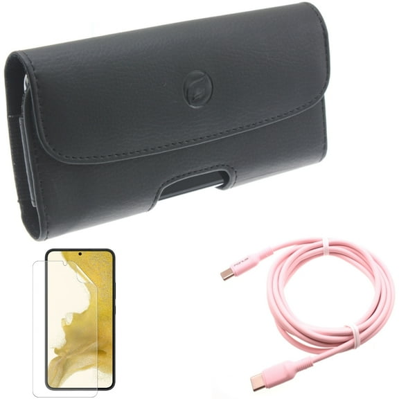 For Samsung Galaxy S21 (6.2") - Anti-Glare TPU Film Matte Screen Protector   Holster Leather Case Belt Clip   PD Fast Charger USB-C to Type-C Pink 10ft Long Cable