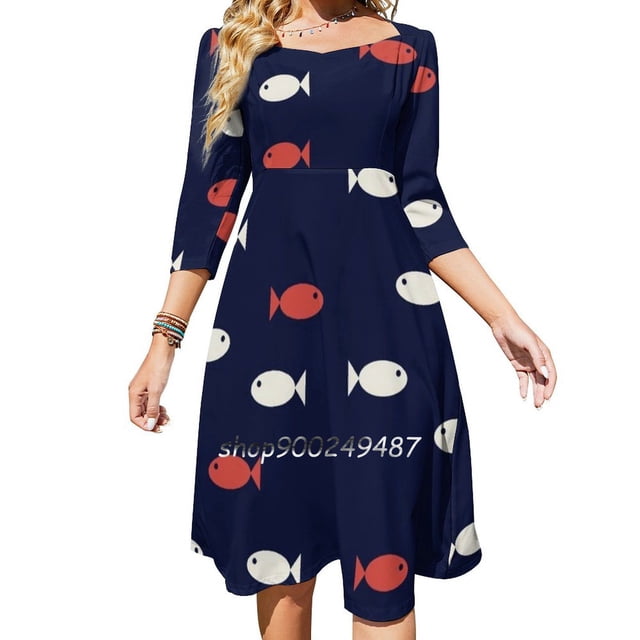 Fish With A Twist Sweetheart Knot Flared Dress Fashion Design Large Size Loose Dress Fish Pattern l Sea Beach