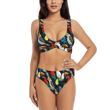 Zeuib Parrot High Waisted Tummy Control Bikini Set - Knot Front Push Up Top & Cheeky Thong Bottom  Two-Piece Swimsuit for Women-Large