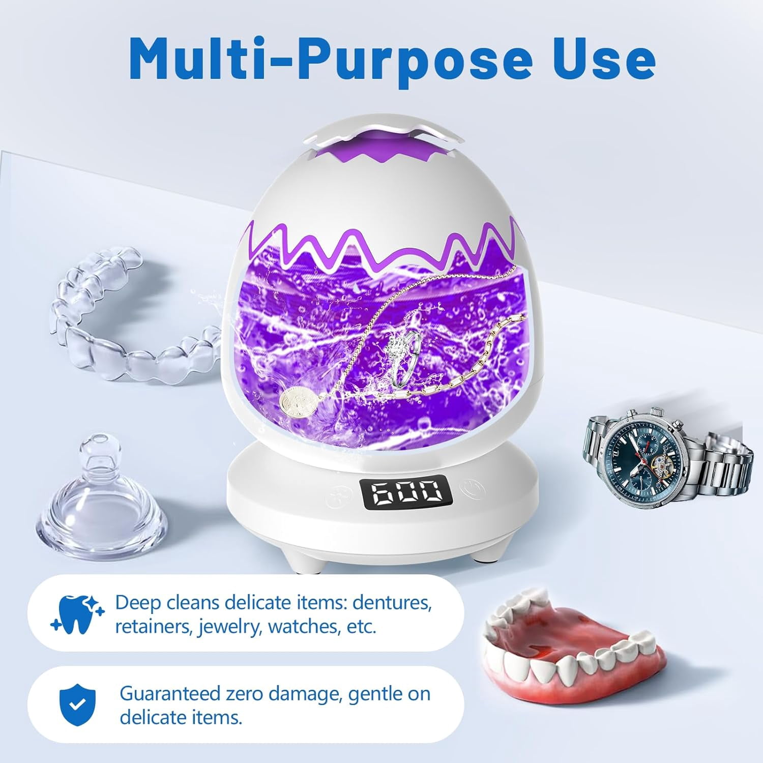 HOUGEET Ultrasonic Cleaner, 42KHz, Low Noise, 3 Modes, for Jewelry, Dentures, Makeup Brushes, Glasses