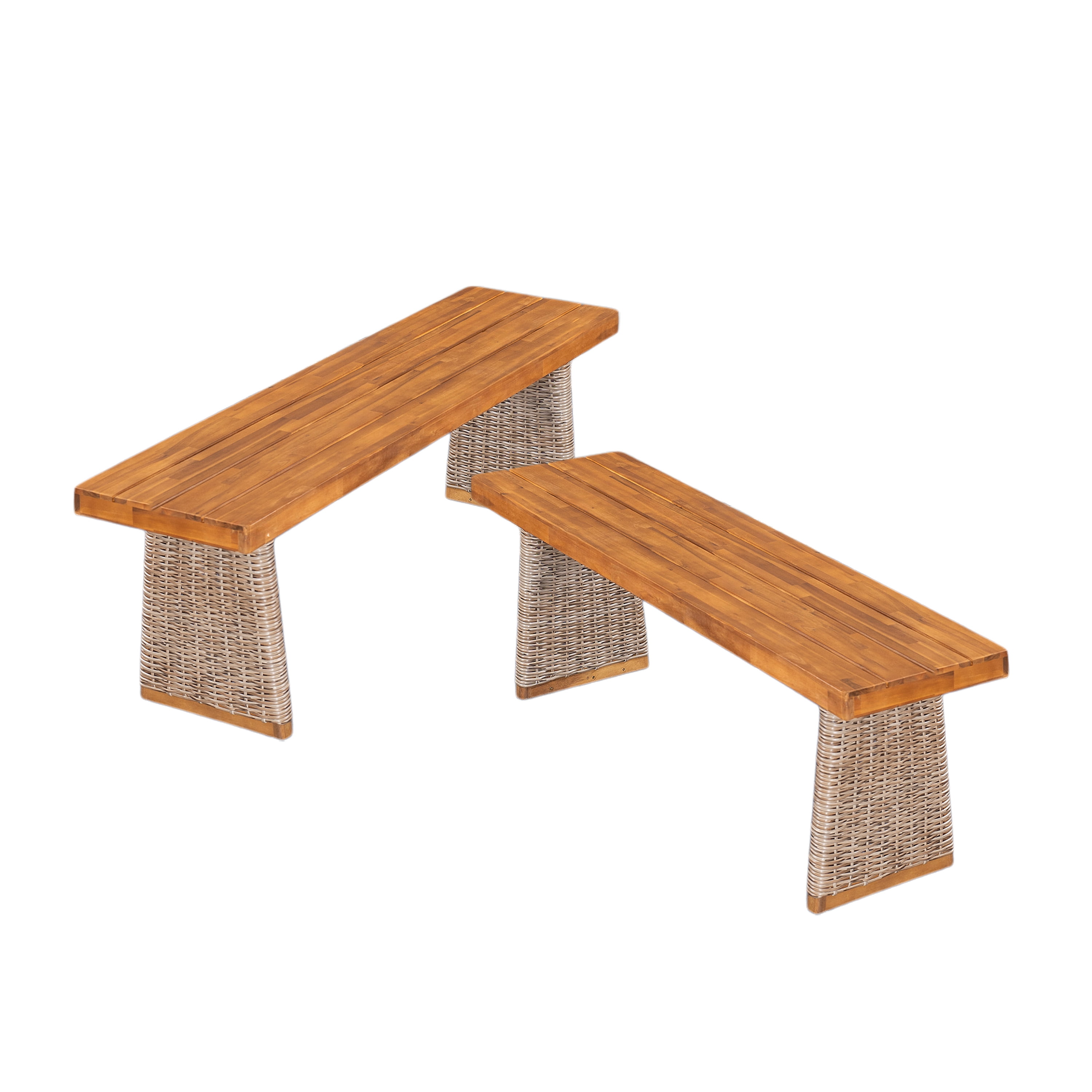 Bench Set of 2, Outdoor Acacia Wood Bench with Brown Wicker for Patio Garden, Teak