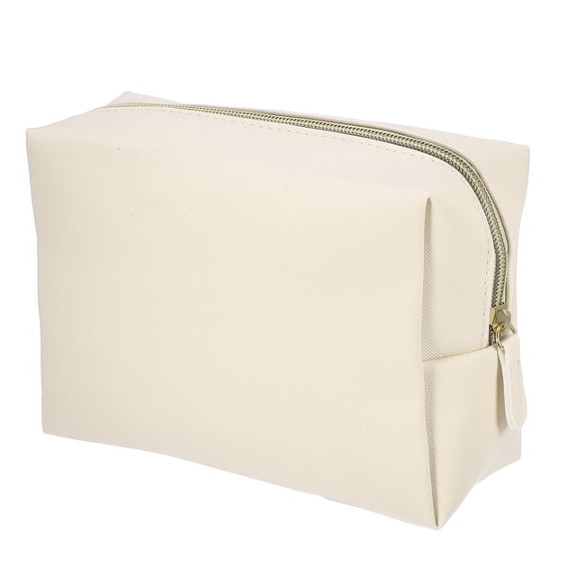 Bolsa de maquillaje de cuero PU, bolsa de viaje para cosméticos, bolsa de maquillaje grande, bolsa organizadora de brochas de maquillaje, bolsa de aseo para mujer, tamaño L, beige