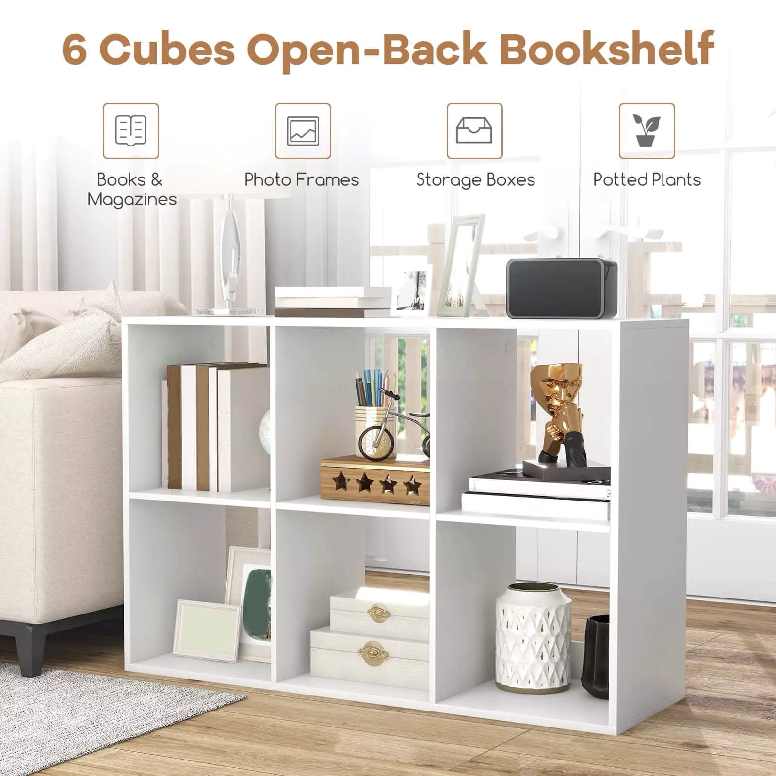 Auranook 6-Cube Open Bookshelf w/ Anti-tip Kits Home Modern Style Storage Shelf for Study