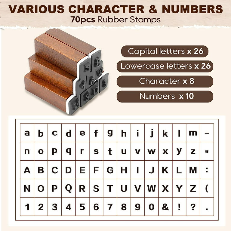 UCEC 70pcs Wooden Alphabet Stamp Rubber Stamps Customized letter stamps for  Kids Number and Symbol Stamp Scrapbooking & Stamping Supplies 