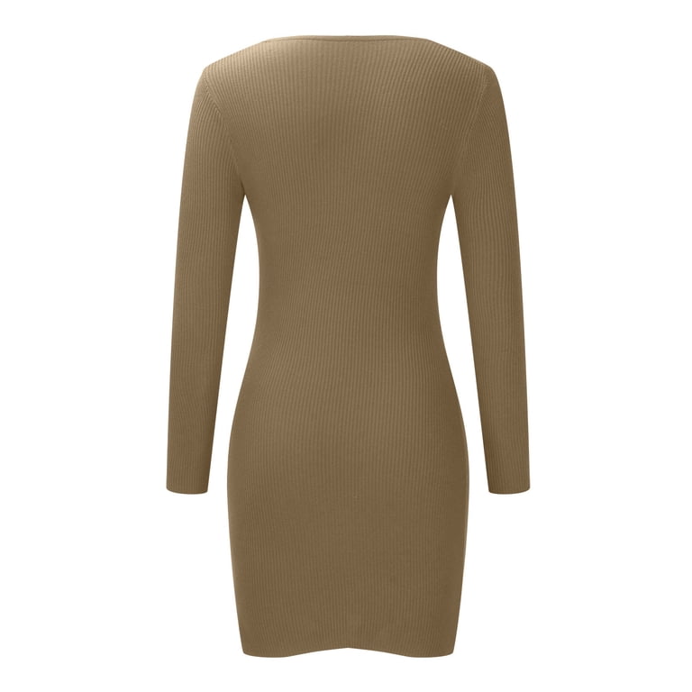 Dadaria Homecoming Dresses 2022 with Sleeves Long Women's Long Sleeve Fashion Slim Fit Casual Solid Color V-Neck Cross Dress Khaki L,Women
