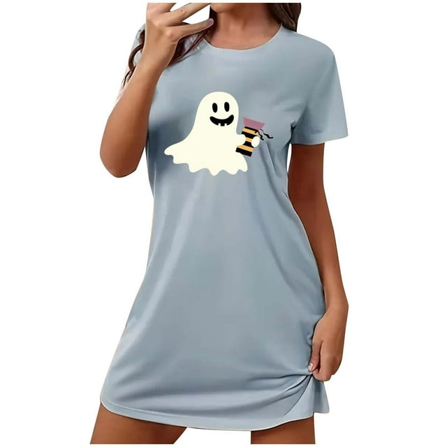 Sakmal Robe de Nuit d'Halloween pour Femme, Ludique, Bleue, Douce, Grande Taille, Tenue de Détente, Col Rond, Manches Courtes, Imprimé Fantôme, Courtes Robes de Nuit, P-2TG