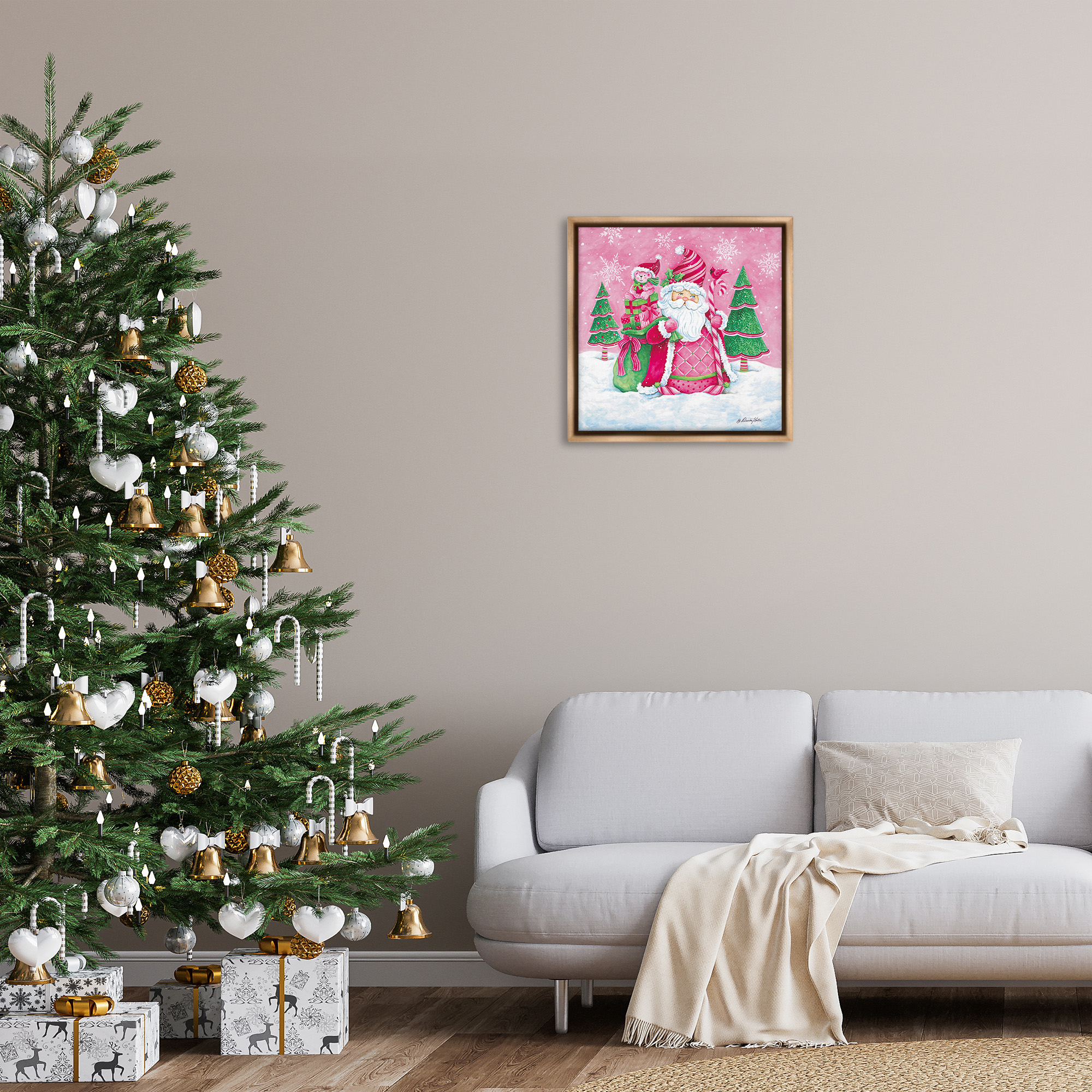Stupell Industries Pink & Green Santa Scene Holiday Painting Brown Floater Framed Canvas Art Print Wall Art, 25 x 25