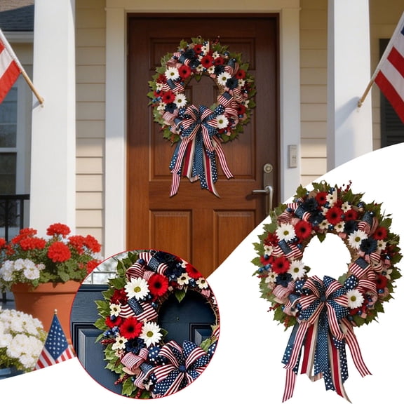 WWC 4th of July Patriotic Wreaths for Front Door, Handmade Fade Resistant 250th Anniversary Red White and Blue Wreath for Outdoor Home Decor
