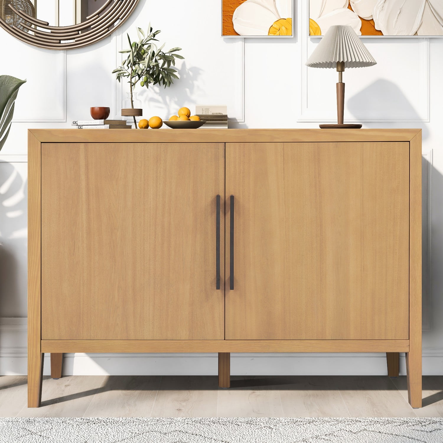 47.25" Farmhouse Sideboard Buffet Cabinet with Storage, 2 Door Wooden Coffee Bar Cabinet with Pine Veneer and Metal Handles for Kitchen, Living Room, Entryway, Natural