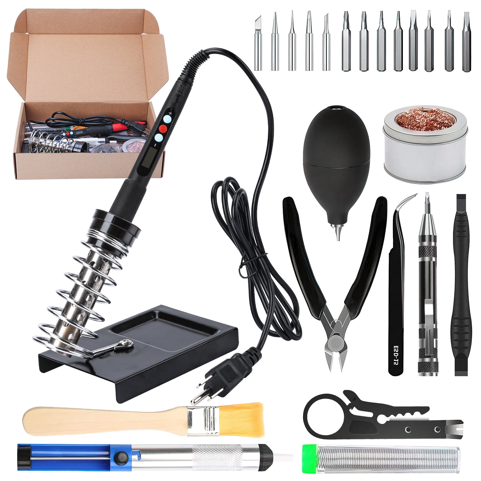 Kingsdun Soldering Iron Kit, 60W LCD Digital Soldering Gun with Adjustable Temperature Controlled and Fast Heating Ceramic Thermostatic Design ON-Off Switch 15pcs Welding Tool