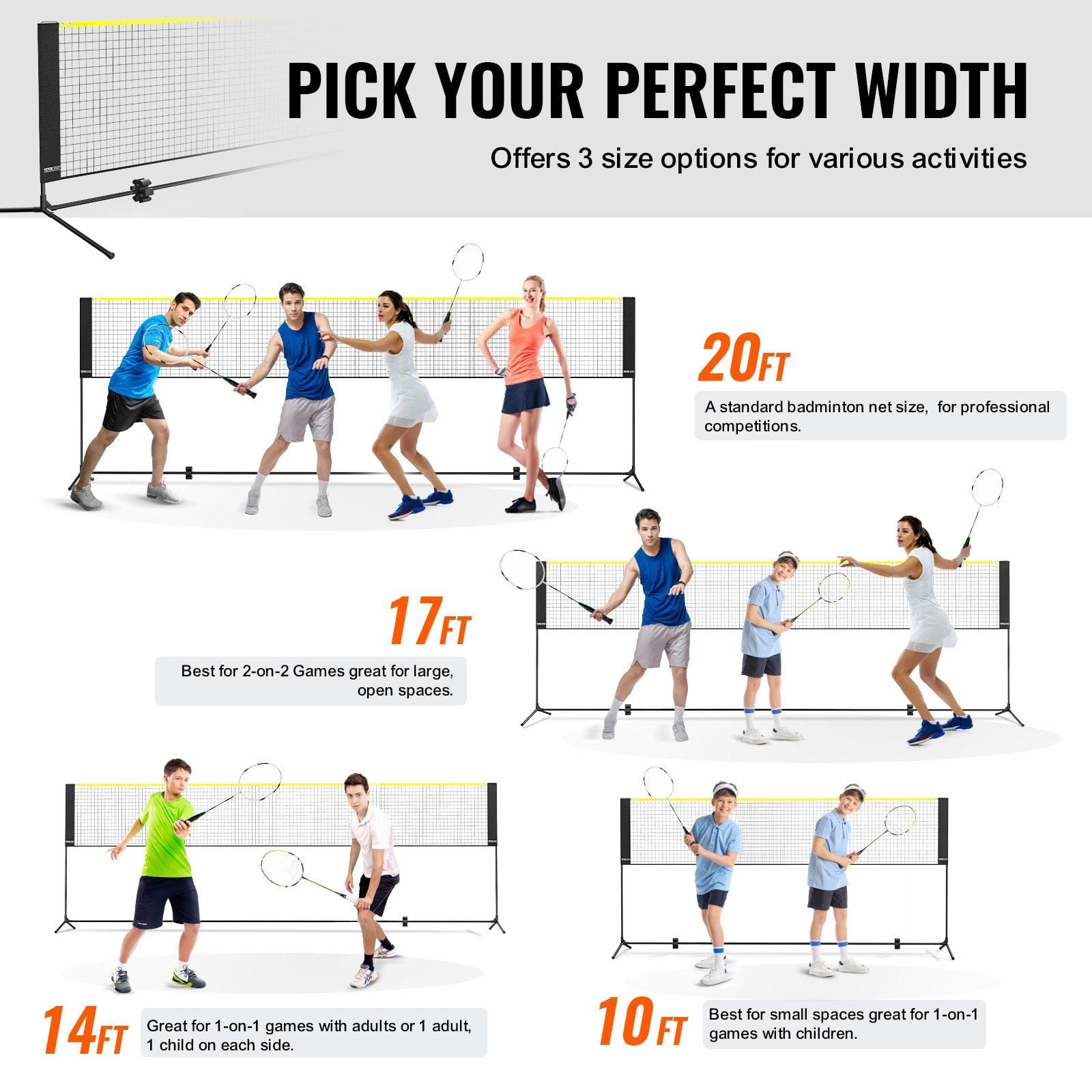 VEVOR Badminton Net, Height Adjustable Volleyball Net, 20ft Wide Foldable Pickleball Net, Portable Tennis Net Set with Poles, Stand, Bag, Rackets, Nylon Shuttlecocks, Kid Backyard Indoor Out