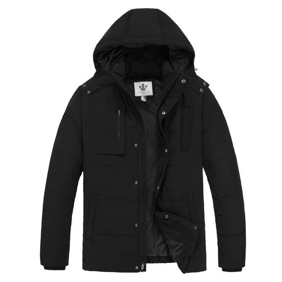 WenVen Men's Winter Coat Warm Puffer Jacket Hooded Windproof Coat Black L