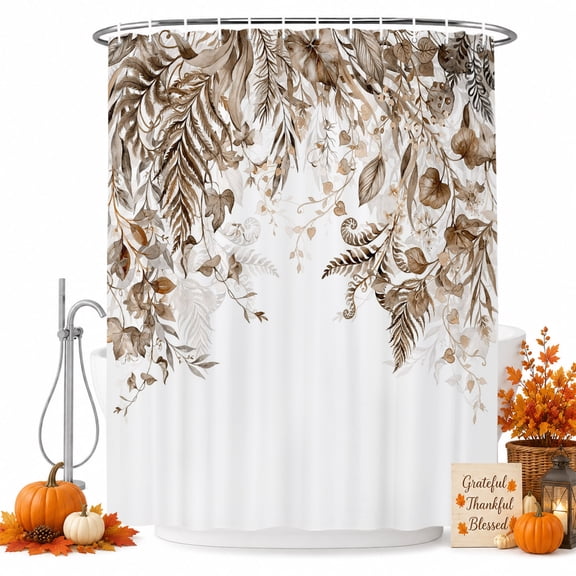 Grey Leaves Shower Curtain Set - Small 36" x 72" Washable Bathtub Curtain with 12 Hooks, Summer Botanical Tropical Watercolor Waterproof Fabric Stall Shower Curtains for Bathroom/Bathtub Décor
