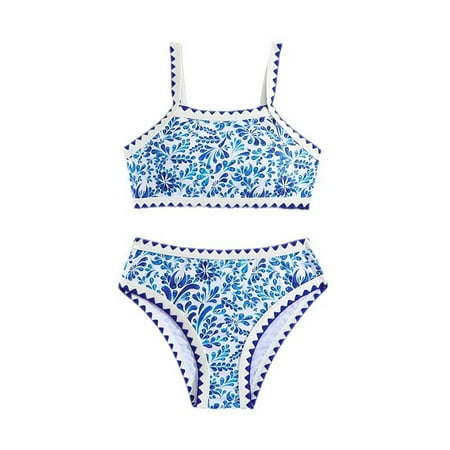 Toimothcn Girls Swimsuits Sleeveless Casual Hawaiian Floral Printed 2 Piece Bikini Set Quickly Dry Cover Up Swimwear Suitable For Beach Seaside