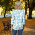 thumbnail image 4 of WTOBBY Women's V-Neck T-Shirt with Floral Print, Button Detail, and 3/4 Sleeve, Casual Weekend Fashion for Spring Fall Season, Daily Use, and Outings,Cyan S, 4 of 6