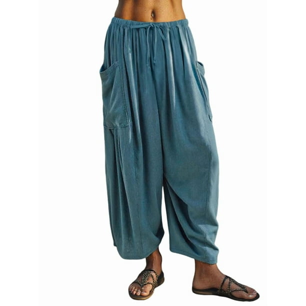 Pantalones Palazzo Harem Informales Holgados con Cordón para Mujer, para Verano, Playa, Viajes, Vacaciones, con Bolsillos. Azul Pavo Real M