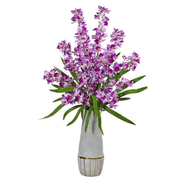 Nearly Natural 37in. Orchid Artificial Arrangement in Stoneware Oval Vase with Gold Trimming