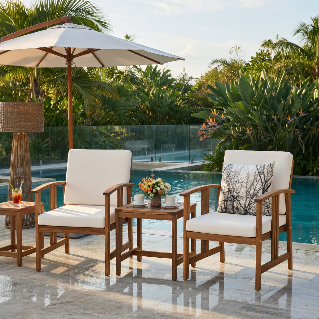 Hommoo 3-Piece Acacia Wood Outdoor Patio Sofa Set, Cushioned Garden Seating for Patio, Poolside & Backyard, White