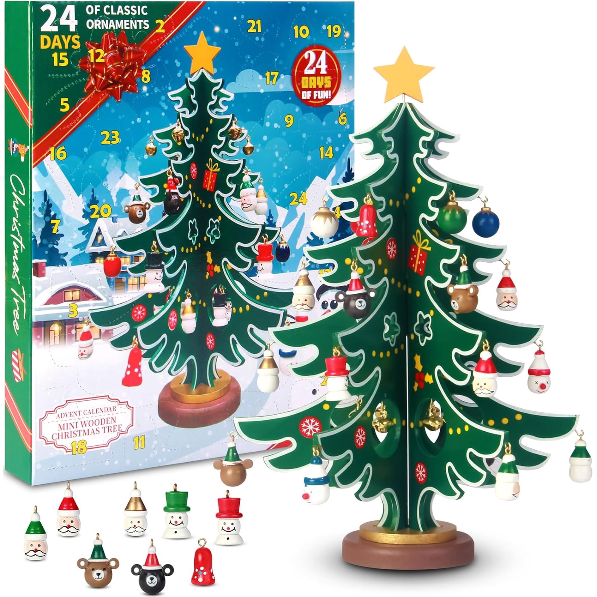Christmas Advent Calendar with a Tabletop Wooden Christmas Tree and 30 Christmas Ornaments 24 Days Countdown Christmas Tree Advent Calendar Set Christmas Gift Xmas Party Supplies for Kids