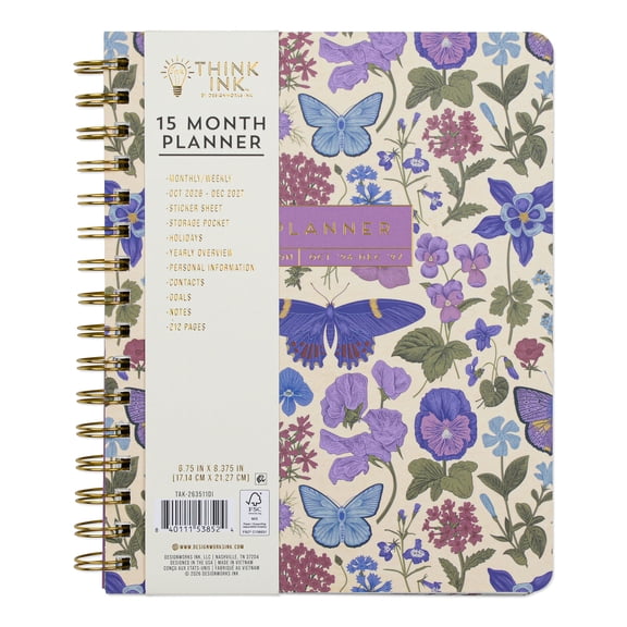Think Ink 15 Month 6.625" x 8.375" Butterfly Planner with Twin Wire and Foil Cover