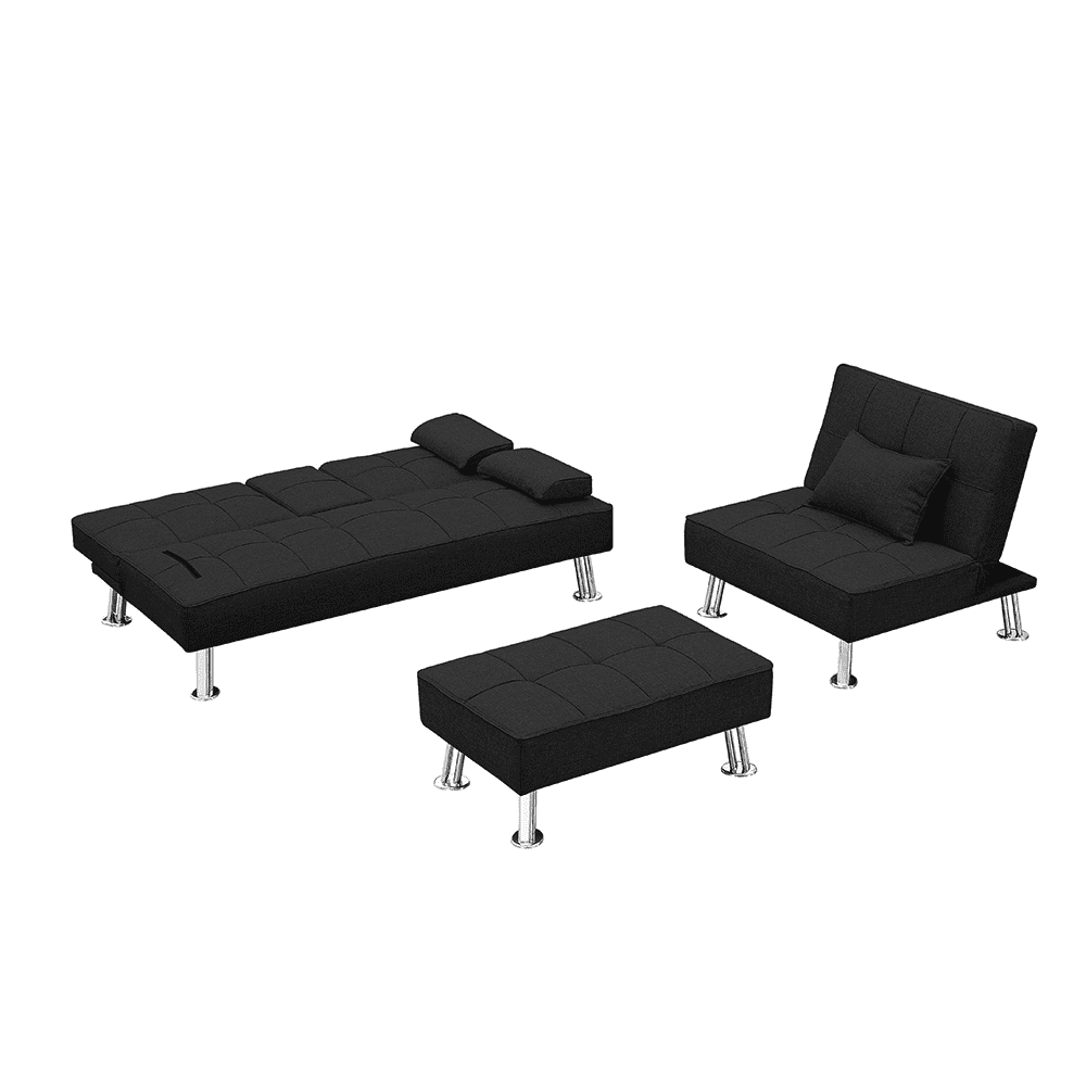 Kepooman 3-Piece Modern Fabric Convertible Futon Sofa Set with 2 Cup Holders & Single Sofa & Ottoman, Black