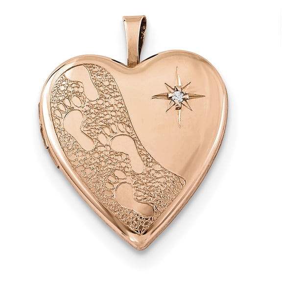 Lockets Sterling Silver Rose Gold-plated 20mm w/ Diamond Footprints Heart Locket
