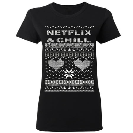 This Christmas On Netflix Netflix and Chill Funny Ugly Christmas Women's T-shirt Black Small ()