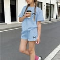 thumbnail image 2 of HAOTAGS Girls Summer Outfit Sets,Round Neck Academic Style Printed Tee and Shorts Causal 2-Piece Clothe Blue 4-5T, 2 of 6