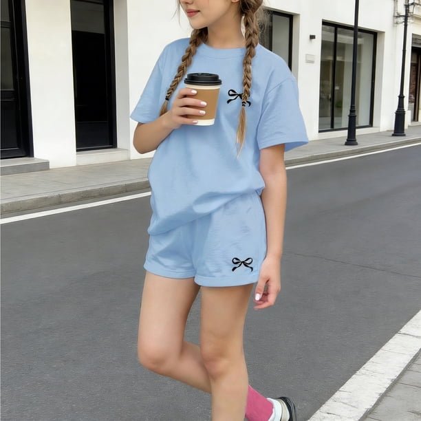 Conjuntos de blusas y camisas de cuello redondo y manga corta para niños, conjunto de dos piezas de top y pantalones cortos de manga corta con cuello redondo y manga corta para niños, top de poliéster