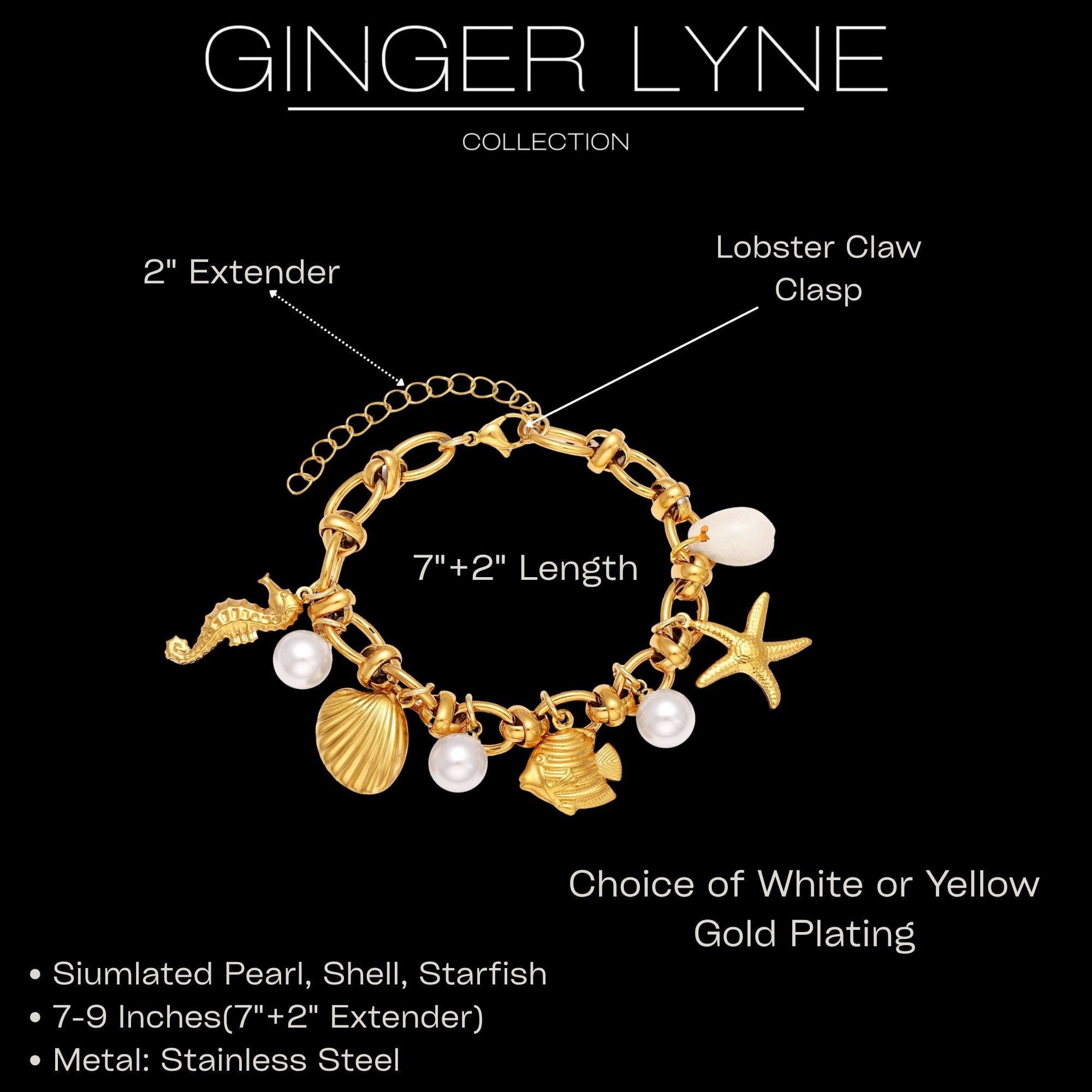 Seashell Charm Bracelet for Women by Ginger Lyne Gold Plated Stainless Steel Pearls Starfish and Shells
