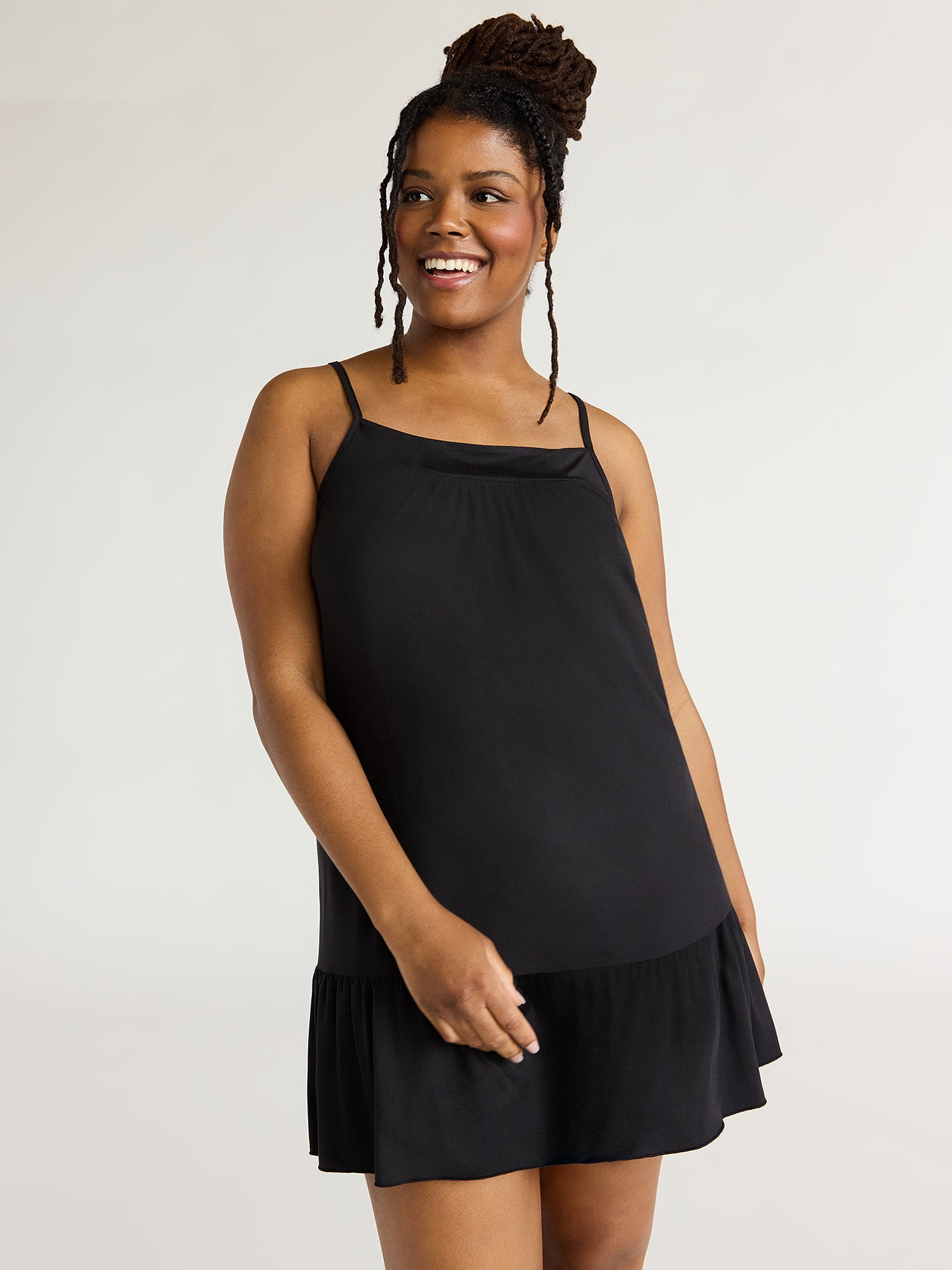 Joyspun Women's Sleeveless Knit Chemise with Ruffle Hem