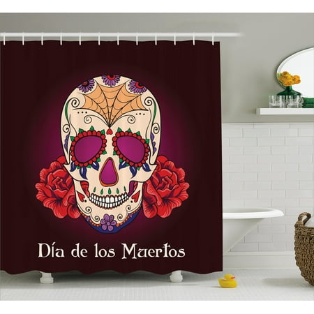 De Los Plum - Day Of The Dead Shower Curtain, Dia de Los Muertos Quote Spanish Skull Dead Head Skeleton Vivid Print, Fabric Bathroom Set with Hooks, Plum Red Cream, by Ambesonne