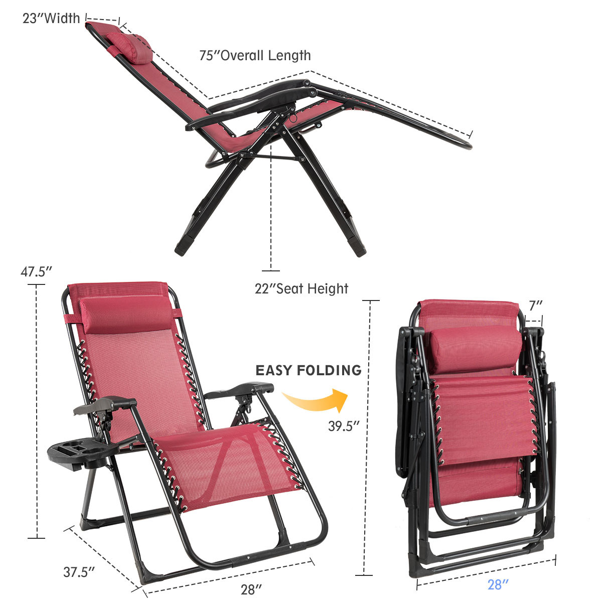 2PC Zero Gravity Chair Oversize Lounge Patio Heavy Duty Folding Recliner Red - image 2 of 10