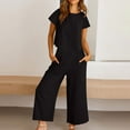 thumbnail image 3 of Atogsazn Summer 2 Piece Outfits for Women Linen Set Casual Short Sleeve Crop Tops High Waisted Cropped Wide Leg Pants Sets Loungewear Black M on Clearance, 3 of 5